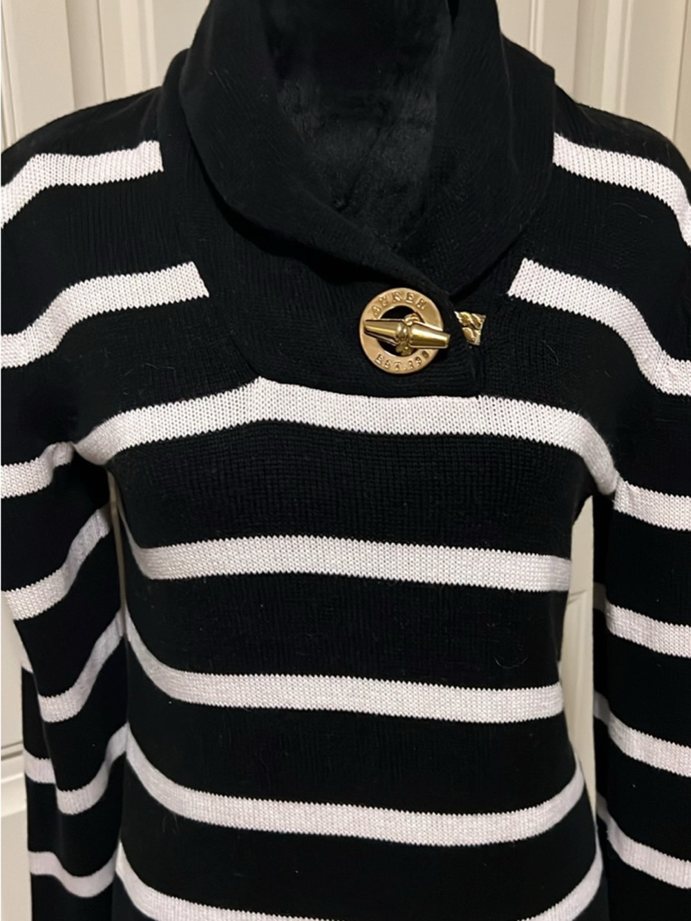 Lauren Ralph Lauren Black & White Striped Cowlneck Sweater with Gold Toggle